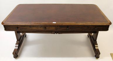 Good quality William IV mahogany stretcher writing table, the red leather inset moulded top above