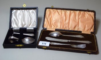 Cased three piece Sheffield silver Christening set, together with a cased silver spoon and pusher