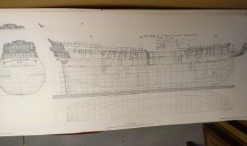 Large quantity of unframed black and white prints, plans of the seventy four gun ship of the
