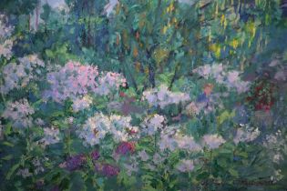 Leslie J. Brockhurst (New English Art Club), signed oil on board, a garden in bloom, inscribed