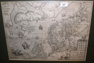 Framed antique black and white map of the North Western hemisphere, 35 x 48cm, gilt framed, together