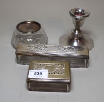 Two William IV silver topped glass vanity case jars, together with a cut glass jar with associated