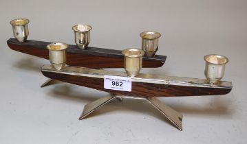 Pair of mid 20th Century chrome and hardwood three light candelabra, 26cm wide Both in good