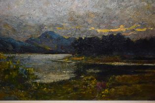 Early 20th Century oil on panel, view across a lake at sunset, inscribed verso G. Boyle, 17 x 27cm