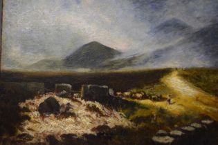 Pair of unframed oils on board, figure with cattle in a highland landscape, and Highland river