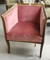 Edwardian mahogany and satinwood crossbanded square tub chair on sabre supports