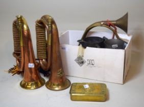 Two copper bugles, World War I gift box, small brass horn and four small items of pewter