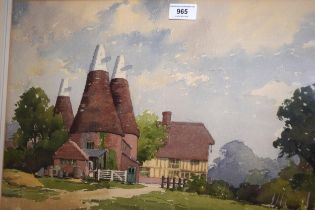 C.V. Parker, watercolour, view of a timber framed building and oast houses and a small pair of