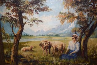 Dino Paravano, pair of oil paintings on board, woman with sheep in a landscape and landscape with