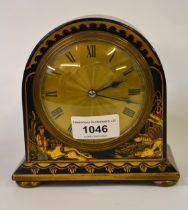 Small midnight blue chinoiserie decorated mantel clock, having circular gilt dial with Roman