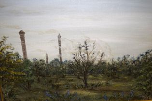 Theo E. 20th Century oil on board, orchard with distant columns, signed, 34 x 45cm, framed