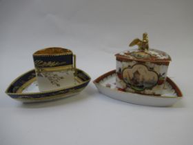 Unusual Dresden triangular cabinet cup, saucer and cover with a winged gryphon finial painted with