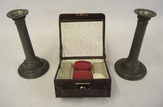 Pair of antique pewter candlesticks, together with a small mid 20th Century vanity case