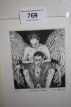 Small Limited Edition black and white etching, no. 33 of 50, ' Guardian Angel ', signed Martin