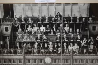 Rare framed photograph of figures in the House of Commons press gallery, together with a framed menu