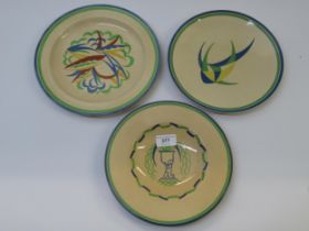 Group of three Ashtead potters plates of Art Deco design Some loss of glazing to edges, crazing