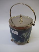 Wedgwood type blue and white Jasperware buiscuit barrel with plated mounts