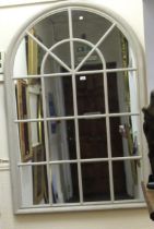 Large grey painted arched window form mirror, 150 x 100cm