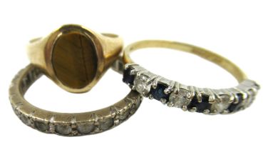 9ct Gold paste set dress ring, 9ct gold signet ring and a white metal paste set eternity ring