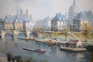 Lucien Delarue, oil on canvas, ' Le Pont Neuf, Paris ', signed, inscribed verso and bearing Stacy-