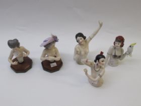 Group of five various larger sized porcelain half dolls, Goebel cockatoo, Art Deco dancer, similar