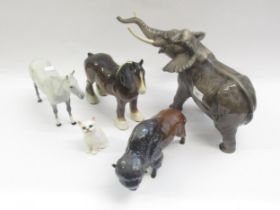 Large Beswick figure of an elephant, another of a bison, two figures of horses and a cat