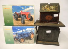 Two modern boxed scale model tractors, vintage Crawford's biscuits box and a pair of cast iron