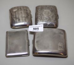 Group of four various engraved and engine turned silver cigarette cases, three English for 1934,