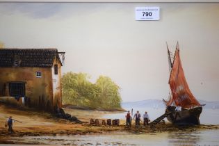 Large modern mixed media coastal scene with figures and boats, signed Anthony, 24 x 86cm, in a