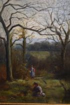 Late 19th Century oil on canvas, landscape with children gathering primroses, 35 x 25cm