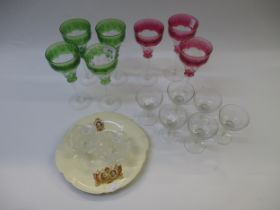 John Walsh, group of seven coloured overlay and etched cocktail glasses, together with a small