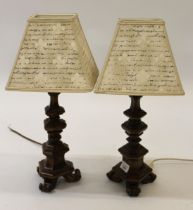 Pair of small modern walnut table lamps in 17th Century style