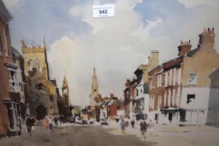 John Yardley, signed colour print, street scene with figures, 35 x 48cm, framed, together with a