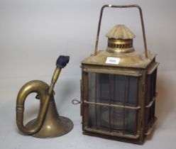 Brass lantern form light fitting (adapted), together with a brass car horn