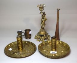 Near pair of Arts and Crafts repousse brass chamber candlesticks, 20cm diameter, together with a