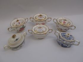 Group of six small modern two handled sugar bowls with covers by Minton, Derby, Coalport etc. All in