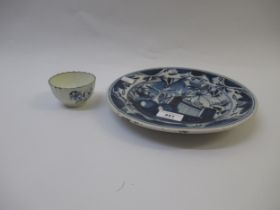 18th Century Worcester blue and white bowl (chipped rim), together with a delft blue and white plate