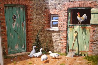 Edward Hersey, oil on canvas, cockerel on a green stable door with white ducks to the foreground,