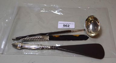 Small George III silver toddy ladle with twisted whale bone handle, silver mounted tortoiseshell