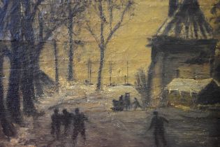 Dutch School oil on oak panel, figures in a frozen river landscape, unframed, 25 x 32cm