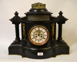 19th Century French black slate and gilt brass mounted two train mantel clock with visible