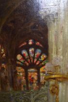 Oil on canvas laid on on panel, Gothic interior with stained glass window, exhibition label