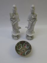 Pair of Chinese Blanc de Chine figures of Quan Yin and a small Canton bowl