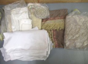 Quantity of miscellaneous textiles to include a printed Paisley shawl, two white raised work