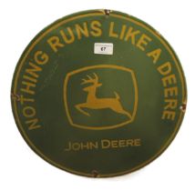 Reproduction enamel sign, John Deere, 38cm diameter