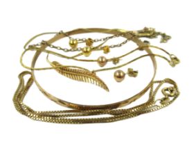 9ct Gold bangle and a gold bar brooch, together with a quantity of various bracelets, necklaces