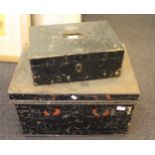 Late 19th / early 20th Century black leather covered box and a black japanned safety deposit box