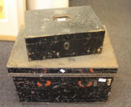 Late 19th / early 20th Century black leather covered box and a black japanned safety deposit box