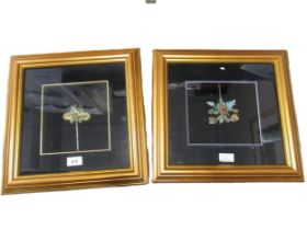 Two antique Chinese enamel decorated on gilt metal hair ornaments, housed in later gilt frames,