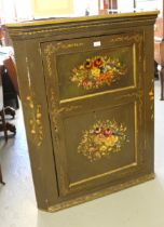 George II floral painted oak hanging corner cabinet Brownish green colour. 109cm high x 90cm wide